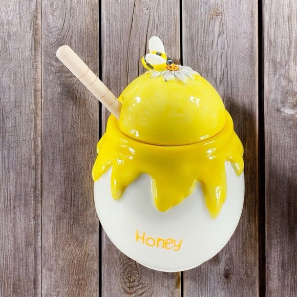 Blue Sky Clayworks Other - Blue Sky Clayworks Yellow Honey Pot Jar Ceramic Canister Container Wood Dipper